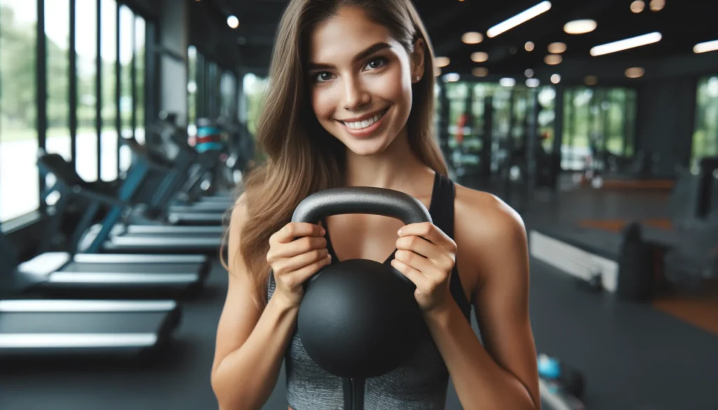 smiling woman with a kettlebell in her hands